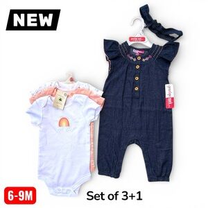 Baby Girl 3+2 Piece Clothing Set 6–9M New Cotton Bodysuits + Denim Romper